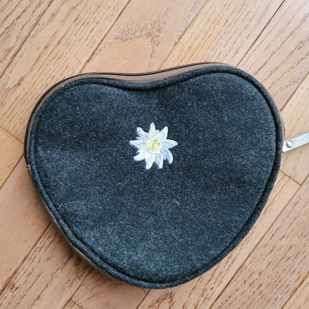 Heart-Shaped Felt Cosmetic Pouch with Edelweiss Embroidery - Dark Gray